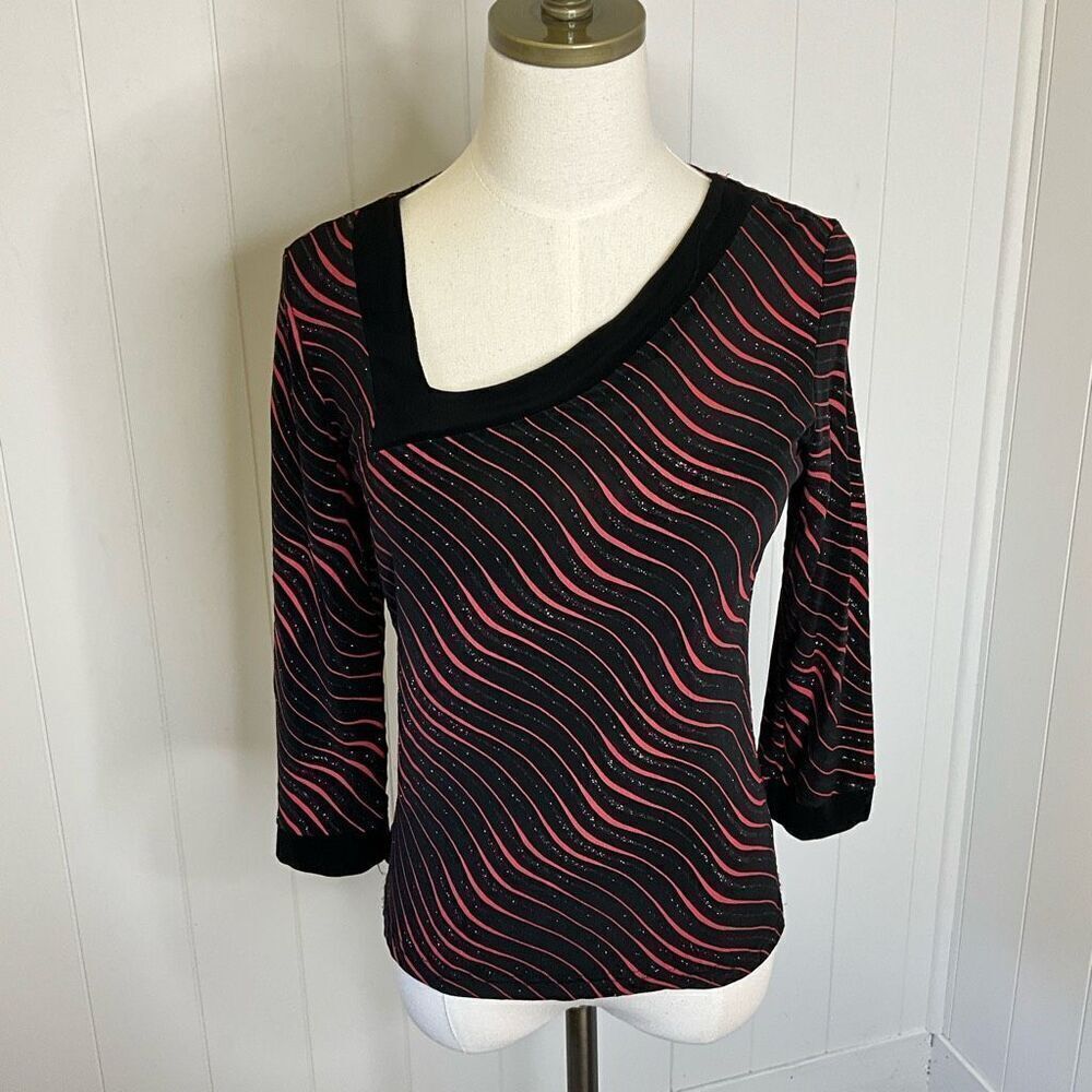 Libra Womens Small Pullover Asymmetrical Neckline Top Black Pink Wave Metallic